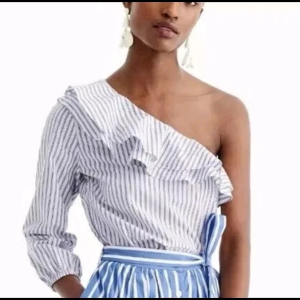 J.Crew Striped One-Shoulder Ruffle Top Cotton- 16